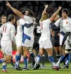  ??  ?? France players celebrate their famous win over the All Blacks the last time the teams met in Dunedin, in 2009.