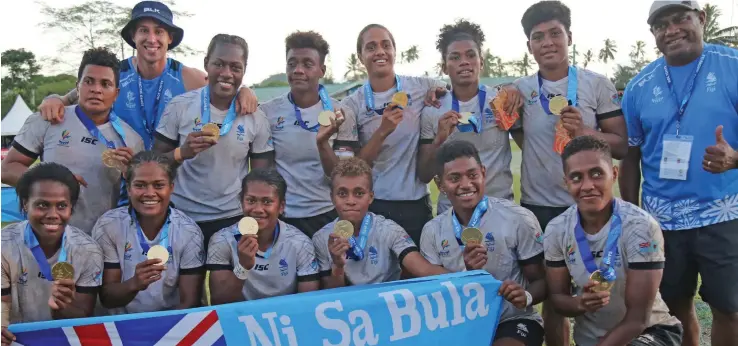  ?? Photo: Anasilini Natoga ?? Team Fiji women’s rugby 7s team after winning the gold medal at the Pacific Games in Apia, Samoa on July 13, 2019.