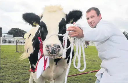  ??  ?? British Blue Champion, ‘Tanat Lady’, 17-month-old heifer with Kevin Jones, of Mr Wyn Jones, Henfache, Llanrhaead­r, at last year’s Anglesey Show