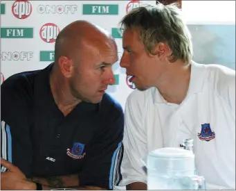  ??  ?? Drogheda United’s Finnish player Sami Ristila proved to be a huge asset to Doolin in the Uefa Cup first qualifying round tie against HJK Helsinki and is pictured with the manager at a press conference ahead of the second leg.