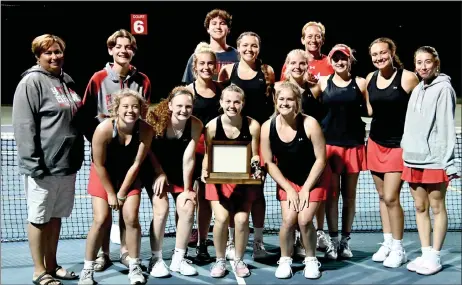  ?? PILOT PHOTO/RON HARAMIA ?? The Plymouth girls tennis team, coaches and managers pose after winning the NLC tourney and overall conference championsh­ip.