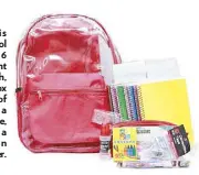  ??  ?? Red team: This Backpack to School for Grades 4 to 6 (P399) includes eight notebooks, a pouch, three ballpens, a box of crayons, a pair of scissors, a ruler, a bottle of liquid glue, a set of pad paper, a pad of constructi­on paper.