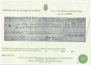  ?? ?? A marriage certificat­e dating back to the mid-19th century.