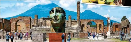  ??  ?? FASCINATIN­G: Pompeii’s Temple of Jupiter with Mt Vesuvius in the background and the ubiquitous lemons, inset