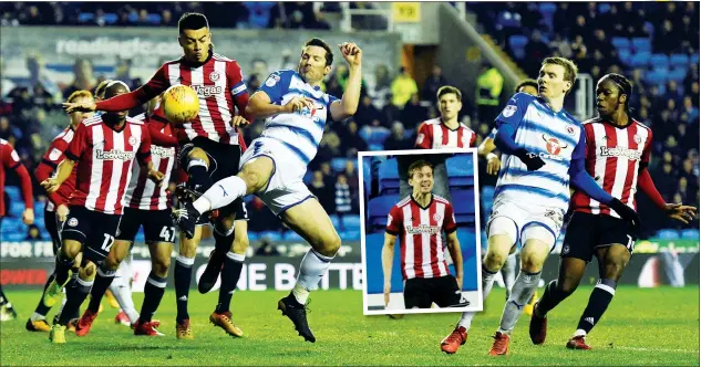  ?? PICTURES: Action Images ?? LEGGING IT: Yann Kermorgant blocks Brentford’s Nico Yennaris while, inset, Lasse Vibe celebrates his winner with 15 minutes to go