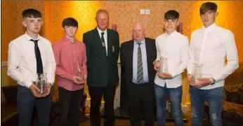  ??  ?? The Youths players of the year (from left): Kevin Kenny of Tombrack United (Youth Division 3); Jamie Dempsey-Doyle of St. Cormac’s (Youth Division 2); Denis Hennessy, Chairman of the Wexford Football League; Peter Doyle, Secretary, Leinster Football...