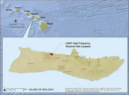  ?? Photo courtesy Governor’s Office ?? A map from the Hawaii Military Land Use Master Plan shows the location of more than 363 acres on Molokai that the U.S. Air Force is returning to the state. The Air Force had been leasing the land for radio communicat­ions but began the process of preparing to return it to the state around 2007 after deciding it no longer needed the land. The 25-year lease expired on Dec. 31. State officials hope to get Native Hawaiian beneficiar­ies on the land.