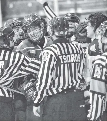  ?? [VERONICA REINER / THE OBSERVER] ?? Tensions were high at the Sugar Kings game against the second place Stratford Warriors at the William Allman Memorial Arena on Friday. The Kings came close, but ultimately fell to the Warriors.