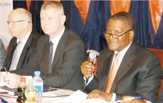  ??  ?? From right: Chairman of Dangote Group, Alhaji Aliko Dangote, Managing Director, Mr. Paul Farrer and a Director, Knut Ulmvoenn at the 2014 Annual General Meeting of National Salt Company of Nigeria (NASCON), a subsidiary of Dangote Group, in Lagos on...