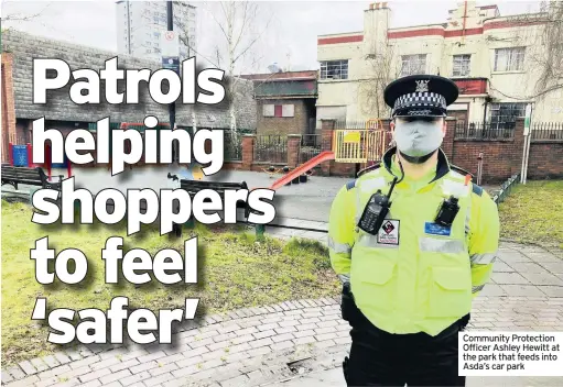  ??  ?? Community Protection Officer Ashley Hewitt at the park that feeds into Asda’s car park