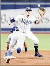  ??  ?? Tampa Bay Rays shortstop Willy Adames (standing), waits to tag out Toronto Blue Jays’ Bo Bichette out at second base as Bichette was caught stealing during the third inning of a baseball game on Aug 6 in
St Petersburg, Florida. (AP)