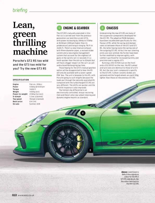  ??  ?? Above: Lizard Green is likely to be a signature colour for the 991.2 GT3 RS; side decals, like the colour, hark back to the 997.1 GT3 RS