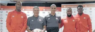  ?? NEIL DAVIDSON/THE CANADIAN PRESS ?? Captain Atiba Hutchinson (left to right), coach Octavio Zambrano, assistant coach Paul Stalteri, Junior Hoilett and Alphonso Davies attend a Canada Soccer Associatio­n news conference in Toronto on Thursday, ahead of Saturday’s friendly with Jamaica at...