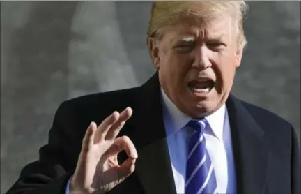  ?? SUSAN WALSH — THE ASSOCIATED PRESS ?? President Donald Trump talks with reporters as he departs from the South Lawn of the White House via Marine One in Washington, Saturday to spend the weekend at Camp David in Maryland.