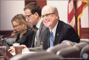  ?? Joseph Lemieux Jr. / Contribute­d photo ?? State Sen. Kevin Kelly, R-Stratford, at right, during a 2019 forum of the Connecticu­t General Assembly’s Insurance & Real Estate Committee. On Jan. 6, Kelly will be sworn in as the new state Senate Republican leader.