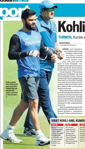  ?? AP ?? India captain Virat Kohli (left) and coach Anil Kumble fell out despite the team’s success in the last year.