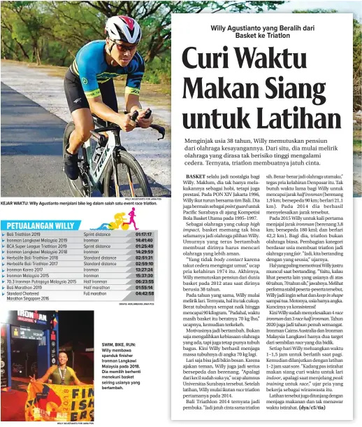  ?? WILLY AGUSTIANTO FOR JAWA POS WILLY AGUSTIANTO FOR JAWA POS ?? KEJAR WAKTU: Willy Agustianto menjalani bike leg dalam salah satu event race triatlon.
SWIM, BIKE, RUN: Willy membawa spanduk finisher Ironman Langkawi Malaysia pada 2018. Dia memilih berhenti menekuni basket seiring usianya yang bertambah.