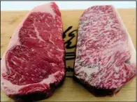  ??  ?? On the right is the typical American ideal of a steak. There is some good marbling, but most of it is meat. On the left is a Japanese wagyu steak. Notice all the white coloring, which is marbling or fat. Japanese wagyu, therefore, is much more calorie-dense than a similarly-sized American steak.
Image from the Joseph Decuis Farm in Indiana, an American producer of wagyu.