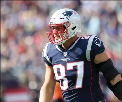  ?? File photo ?? Patriots tight end Rob Gronkowski (87) missed his second straight game Sunday because of ankle and back problems. The Patriots were blown out by Tennessee heading into a bye week. New England returns to the field in two weeks against the Jets.