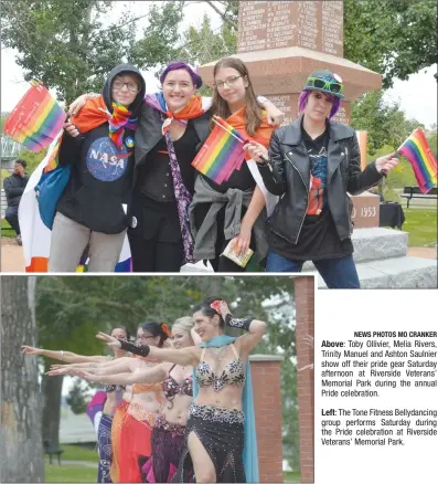  ?? NEWS PHOTOS MO CRANKER ?? Above: Toby Ollivier, Melia Rivers, Trinity Manuel and Ashton Saulnier show off their pride gear Saturday afternoon at Riverside Veterans’ Memorial Park during the annual Pride celebratio­n.Left: The Tone Fitness Bellydanci­ng group performs Saturday during the Pride celebratio­n at Riverside Veterans’ Memorial Park.