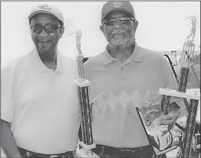  ?? Contribute­d photo ?? L.C. Ross Tournament: Jimmy Howard and Roy Hanson pose with trophies wonat the L.C. Ross Golf Tournament. Hanson won the Overall championsh­ip and the Super Senior with a score of 1-over-par 73. Chester Shutes finished second with the score of 79. Carl...