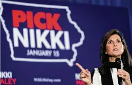  ?? ?? Republican presidenti­al candidate Nikki Haley speaks during a town hall, Dec. 8 in Sioux City, Iowa.