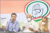  ?? PTI ?? Senior Congress leaders Randeep Singh Surjewala, Mallikarju­n Kharge and Adhir Ranjan Chowdhury in New Delhi on Monday.