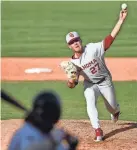  ?? ANNIE RICE/AVALANCHE-JOURNAL ?? Oklahoma’s Braden Carmichael pitches against Texas Tech during a game last season at HODGETOWN Stadium in Amarillo.