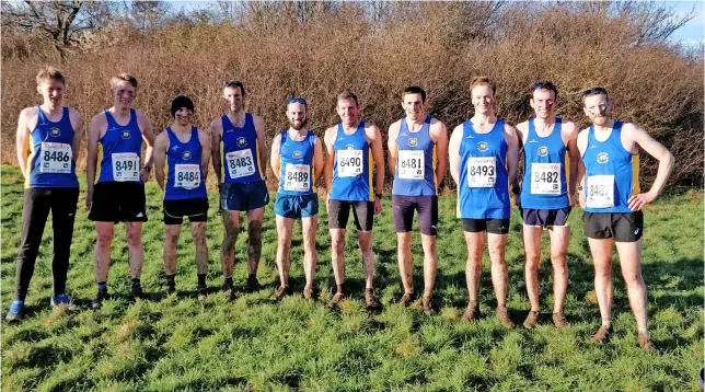  ?? ?? Team Bath AC senior men (L to R): Brian Glynn; Malcolm Treby; Tom Dudden; James Donald (Capt); Dan Jones; Chris Maxwell; Aidan Daniel; Aiden Wiffen; Tom Davies; Tim Hill.