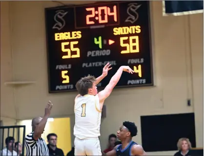  ?? BILL UHRICH — MEDIANEWS GROUP ?? Berks Catholic’s Parker Nein hits a deep 3-pointer that put an end to Exeter’s fourth-quarter comeback on Thursday at Wolf Gymnasium.
