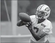  ?? JULIO CORTEZ/AP PHOTO ?? Jets wide receiver Tre McBride makes a catch Wednesday while working out in training camp in Florham Park, N.J.