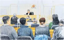  ?? Meng Wanzhou (right and below inset) facing charges that she lied about transactio­ns with Iran, in a courtroom sketch by Jane Wolsak. ??