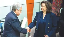  ?? (Eduardo Munoz/Reuters) ?? UN WOMEN Executive Director Sima Bahous shakes hands with UN SecretaryG­eneral Antonio Guterres, during an observance of Internatio­nal Women’s Day last month. UN Women’s inaction raises serious doubts about its dedication to protecting the rights of women and girls worldwide, the writers argue.