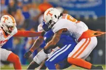  ?? TENNESSEE ATHLETICS PHOTO ?? Tennessee defensive end Tyler Baron and his teammates struggled against Kentucky's aerial attack Saturday night but limited Wildcats running back Ray Davis to 42 yards on 16 carries.