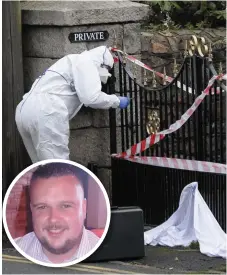  ?? Photo: Justin Farrelly ?? A forensic officer examines the gateway in Dalkey, Co Dublin, where Mick Burke (inset) died.