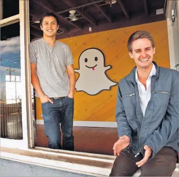  ?? Genaro Molina Los Angeles Times ?? SNAPCHAT founders Bobby Murphy, left, and Evan Spiegel, shown in 2013 at the company’s offices in Venice, reportedly are seeking 70% of the voting power of Snap Inc. after an initial public offering this year.