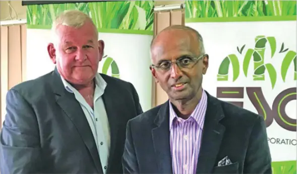  ?? Photo: Charles Chambers ?? From left: Fiji Sugar Corporatio­n chief executive officer, Graham Clark and chairman, Vishnu Mohan.