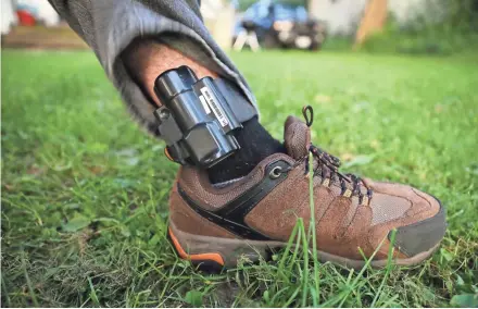  ?? INVESTIGAT­IVE JOURNALISM ?? Cody McCormick, 29, shows the GPS monitoring device he is required to wear as a result of a sex-related conviction while living in Minnesota. He says the device has severely impacted his life, banging up his ankle, prohibitin­g him from wearing shorts...