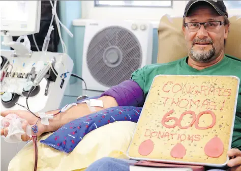  ?? BRYAN SCHLOSSER ?? Thomas Engele donated platelets for the 600th time at Canadian Blood Services in Regina on Friday. His first donation was in 1977.