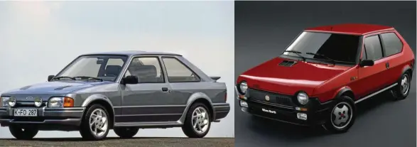  ??  ?? De los primeros. El Ford Escort y el Fiat Ritmo fueron dos de los primeros modelos de este generación con una versión dpeortiva. Los dos fueron aumentando de potencia y Ford llegó demasiado lejos con el RS Turbo. Diferentes. El Citroën BX GTI era más grande, algo más costoso y tenía suspensión hidroneumá­tica. El MG Maestro no era un mal coche, pese a la fama de los ingleses en ese momento.