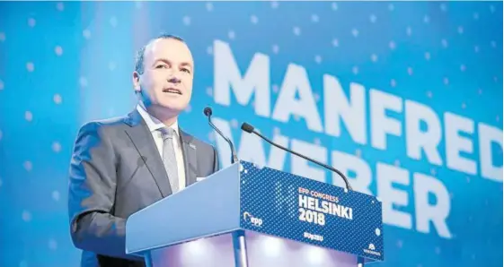  ?? Foto: Efe ?? El alemán Manfred Weber pronuncia su discurso durante la reunión del Partido Popular Europea (PPE) en Helsinki.