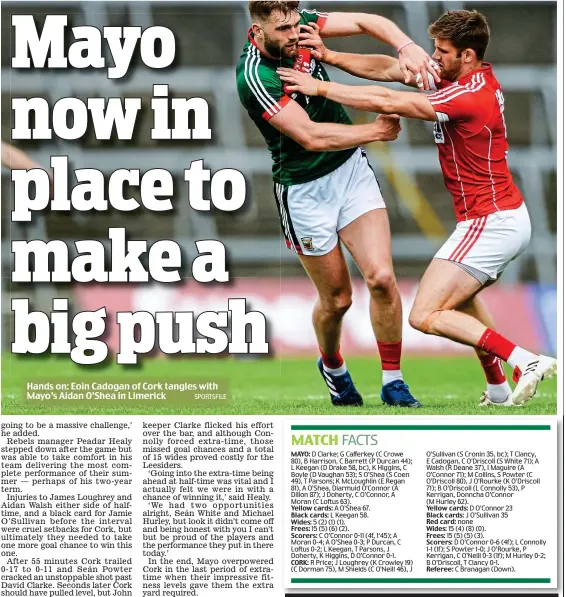  ??  ?? Hands on: Eoin Cadogan of Cork tangles with Mayo’s Aidan O’Shea in Limerick SPORTSFILE
