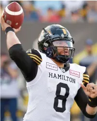  ?? JOHN RENNISON THE HAMILTON SPECTATOR FILE PHOTO ?? Quarterbac­k Jeremiah Masoli was an East all-star and the division’s Most Outstandin­g Player in 2018.