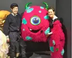  ??  ?? Clockwise from right: Gorgi (standing) aged five with her brother Nigel; at The Project desk with Peter Helliar (left) and Waleed Aly; Gorgi with her monster costume, and on-set dresser, from her time on The Masked Singer.