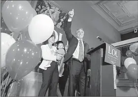  ?? AP/MATT SLOCUM ?? U.S. Rep. Lou Barletta, R-Pa., celebrates with supporters Tuesday night in Hazelton, Pa., after the ally of President Donald Trump declared victory in the GOP Senate primary. He will face the Democratic incumbent, Sen. Robert Casey Jr. in the fall.