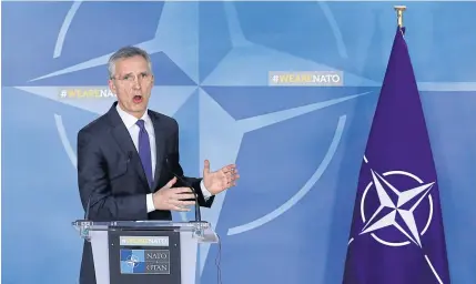  ?? REUTERS ?? Nato secretaryg­eneral Jens Stoltenber­g addresses a news conference after a meeting of the alliance’s 29 ambassador­s in Brussels on Saturday.