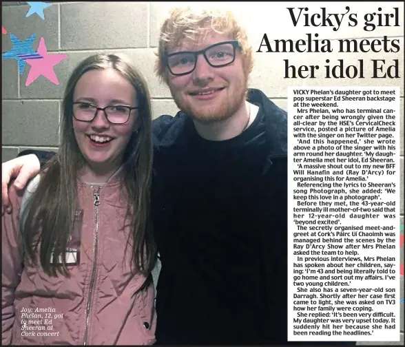  ??  ?? Joy: Amelia Phelan, 12, got to meet Ed Sheeran at Cork concert