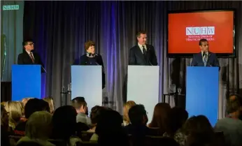  ??  ?? California gubernator­ial candidates (from left) John Chiang, Delaine Eastin, Gavin Newsom and Antonio Villaraigo­sa participat­e in a candidates forum at the Sheraton Hotel in Anaheim on Oct. 22. AP PHOTO