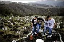  ?? IVAN VALENCIA / AP ?? Relatives of Luis Enrique Rodriguez, who died of COVID-19, visit where he was buried at the El Pajonal de Cogua Natural Reserve north of Bogota, Colombia. Relatives bury the ashes of loved ones who died of coronaviru­s and plant a tree in their memory.