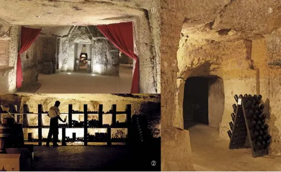  ??  ?? ➊ L’entrée des caves du domaine Panzoult. ➋ Superbemen­t éclairées, les caves du domaine de L’Hôtel des Hautes Roches.
➌ Les caves du domaine Huet à Vouvray.
➀
➁
➂